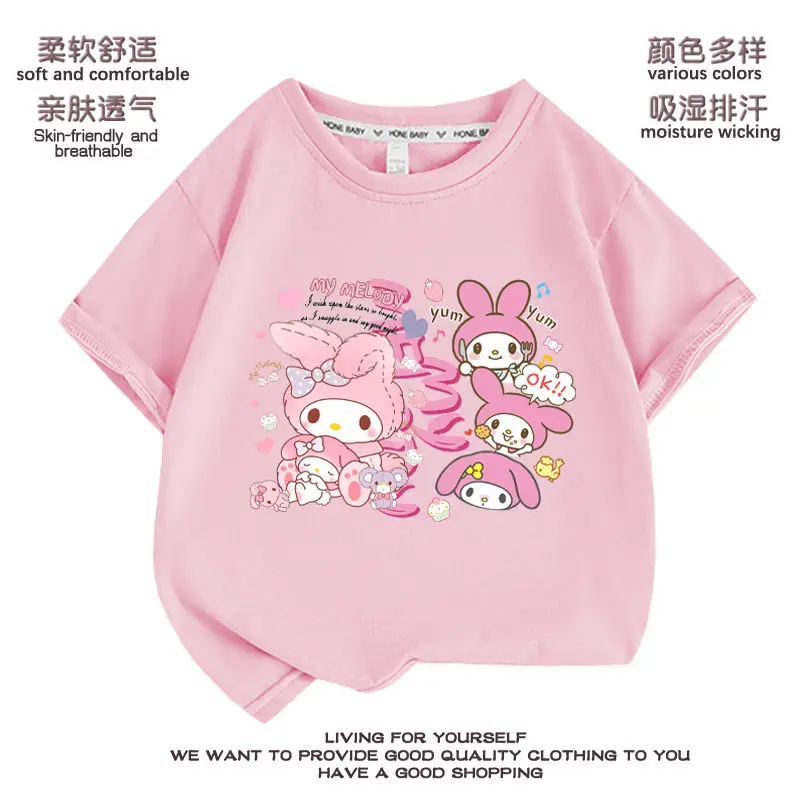 

2024 Cute My Melody Girls T-Shirt Sanrio Kawaii Anime Print Babys Half Sleeve Summer Sweet Cute Cartoon Korean Tide Clothes Toys