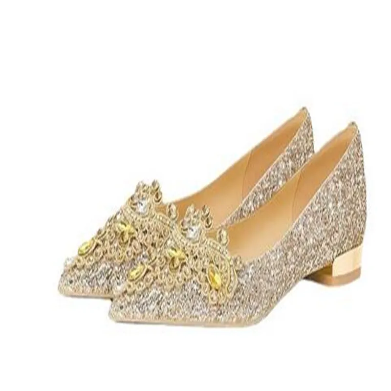 Women Shoes 2022 New Low-heeled Dress Banquet Crystal Sequins Wedding Shoes Gold Pointed Female Bride Shoes Zapatos De Mujer
