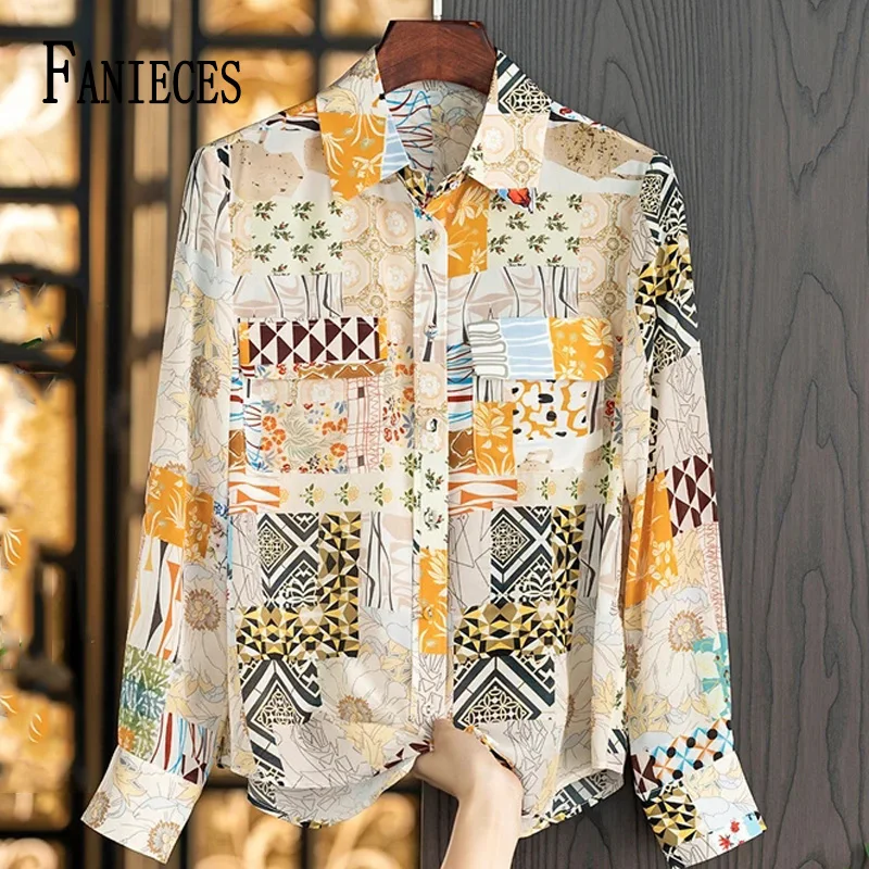 FANIECES Рубашка ЖенскаяCasual Women Shirt Long Sleeve Lapel Blouse Fashion Print Office Lady Chiffon Plus Size Camisas Y Blusas нагрудник рубашка для кормления