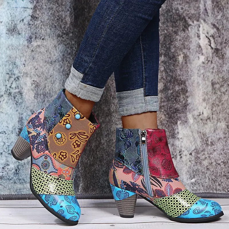 Women's Boots Large Size Increase Fashion Ethnic Style Casual Fashion Retro Stitching High-heeled Short Leather Boots All-match