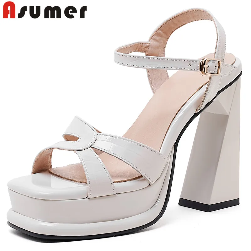 

ASUMER 2024 New Genuine Leather Buckle Dress Sandals Thick High Heels Slingbacks Shoes Women Office Ladies Platform Sandals