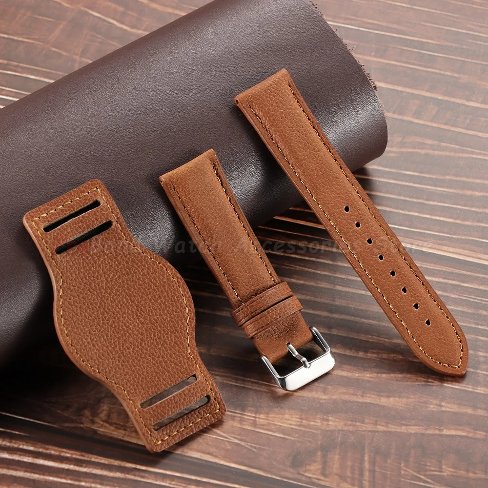 Elegant Genuine Leather Watch Straps with Retro Bund Pad in Black and Brown