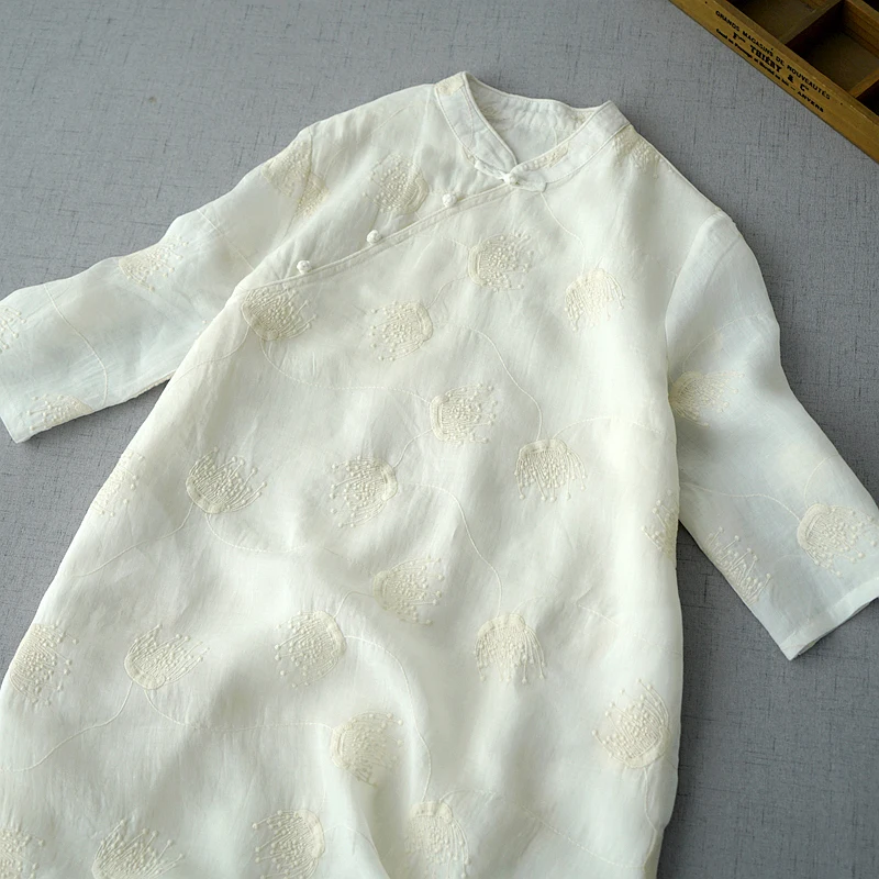 

Женское платье-Ципао с вышивкой, свободное платье из натуральной дышащей ткани рами, с эффектом потертости, бюст-104 см, в китайском стиле, для весны и лета