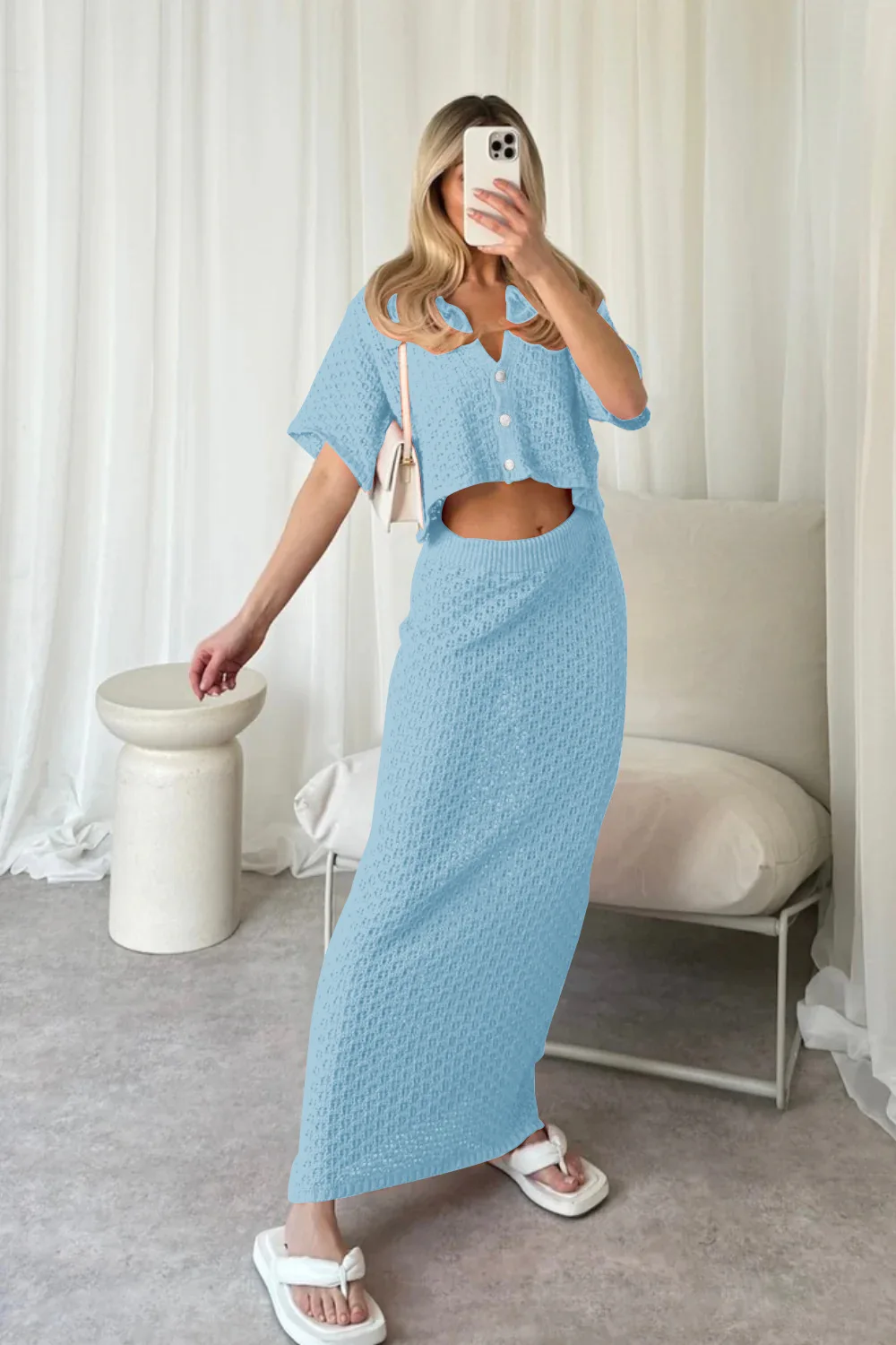 Knit Hollow Out 2 Piece-Set Long Skirt Women's Cropped Top Cardigan And High Waist Maxi Skirt Outfits Female Clothes