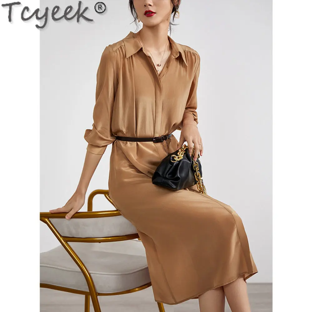 

Summer 100% 2024 New High-end Mulberry Silk Long Outfits for Women Elegant Midi Dress Femme Clothing Vestido FC