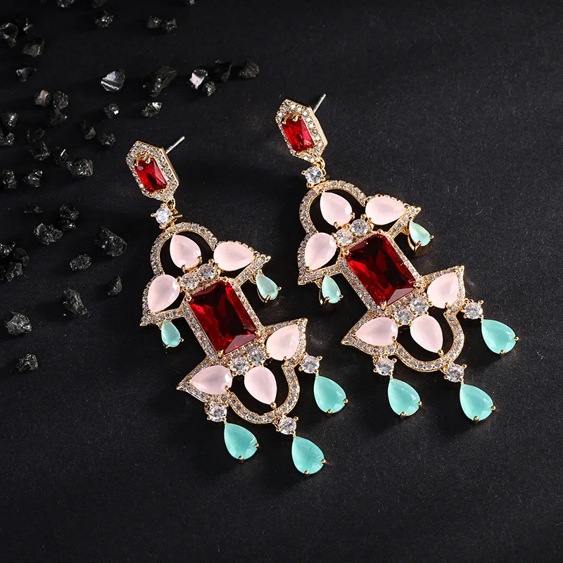 Fashion Wedding Party Statement Tassel Dangle Earrings 925 Silver Needle Cubic Zirconia Colorful Jewelry Gold Plated