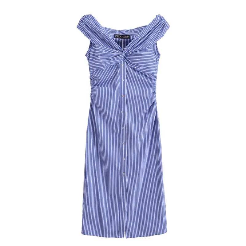 

stripe Off Shoulder Long Dress For Women Summer With Casual Backless Slim Button Decoration Party Dress Woman Midi Dresses