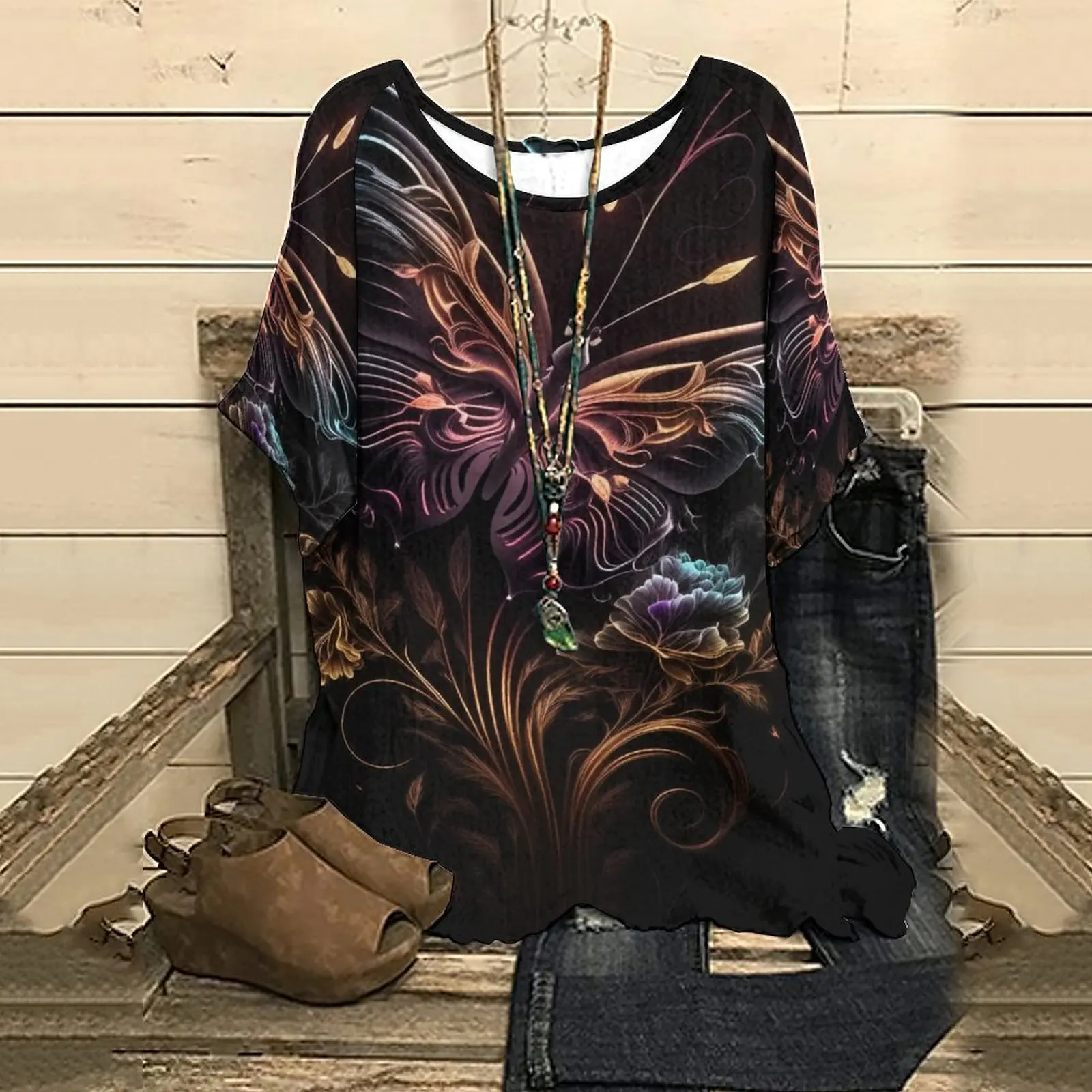 

Summer Women's Half Sleeve T-Shirt NewRainbow ButterflyPrint GraphicCouples T-shirt Top Tee
