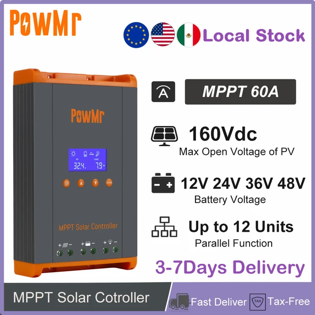 Contrôleur de charge solaire MPPT 60A en stock local 12V/24V/36V/48V, panneau solaire PV max 160V, parallèle max 12 unités, compatible LifePO4, pour camping-car et maison 1
