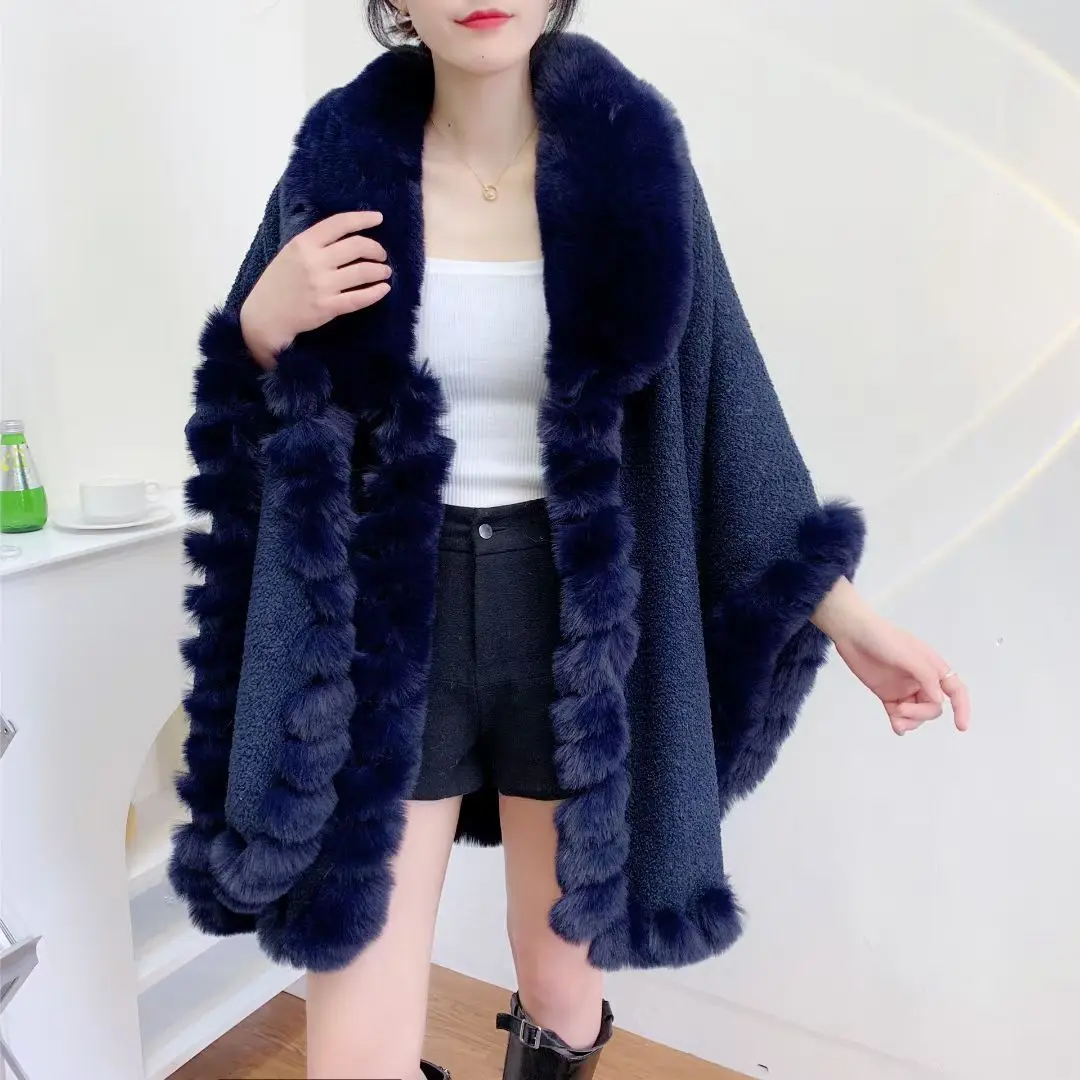 Women Winter Hole Roll Big Turn-down Faux Fur Collar Poncho Streetwear Loose Capes Teddy Velvet Cloak Big Pendulum Shawl Coat