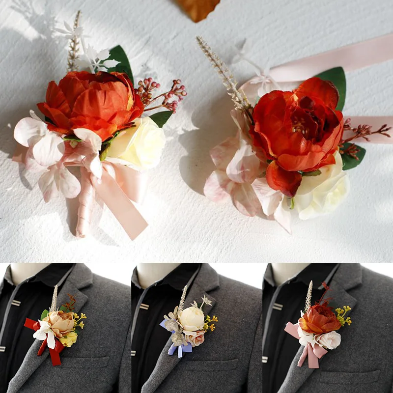 

Silk Roses Boutonniere Wedding Simulation Peony Corsage Bracelet Bridesmaid Groom Wrist Flower Men Suit Pin Marriage Accessories