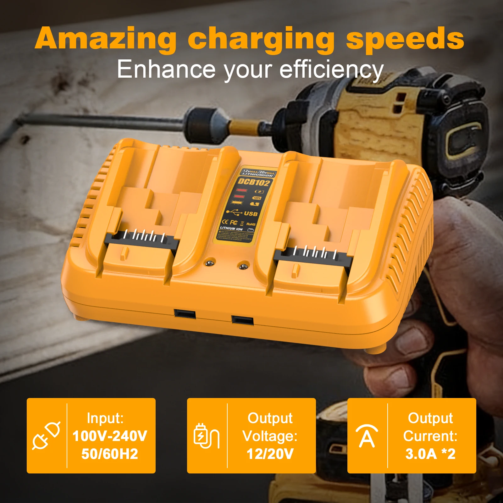 DCB102 3A 듀얼 고속 충전기 Dewalt DCB203 DCB204 DCB200 DCB107 DCB115 EU/US/AU/UK 플러그 10.8V 12V 14.4V 리튬 배터리용