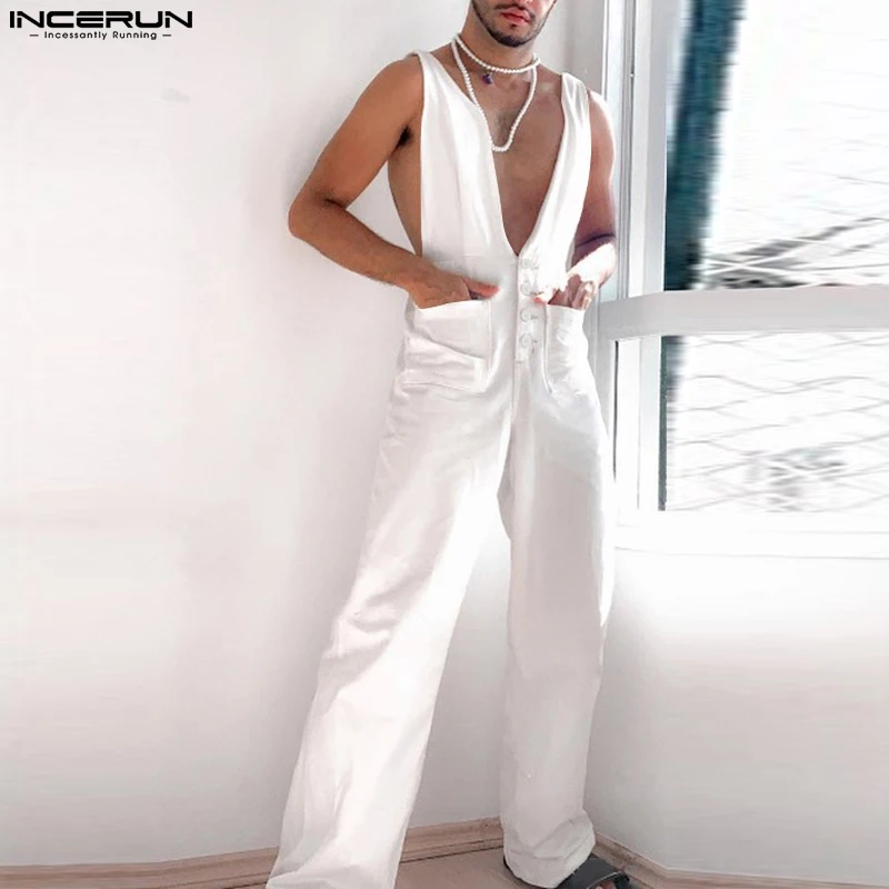 Men Jumpsuits Solid Color Deep V Neck Sleeveless Pocekts Rompers Streetwear Loose Fashion Casual Men Overalls S-5XL INCERUN men rompers