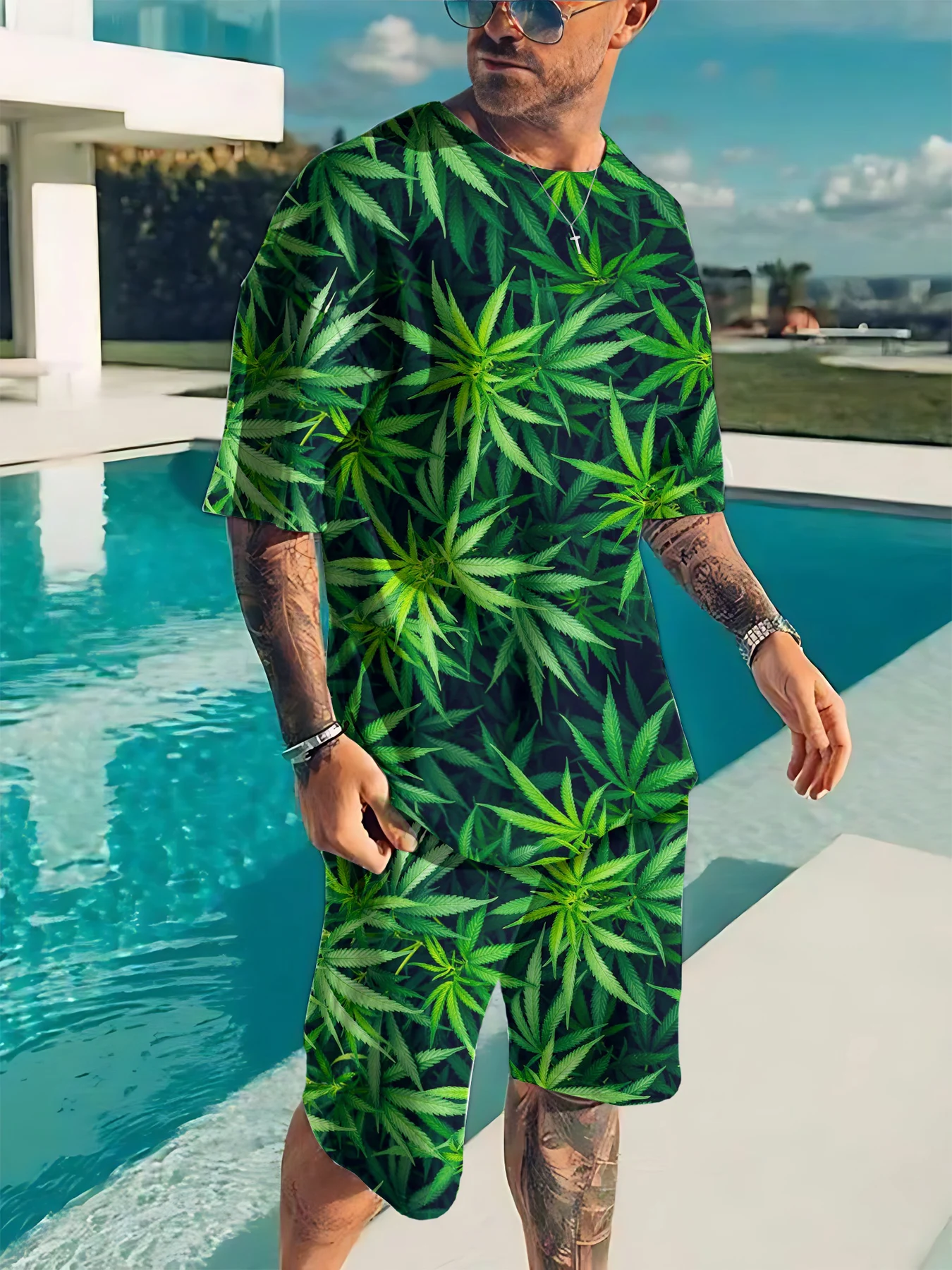 

Men Set 2 Piece Summer T Shirt Shorts Suit Fashion Leaf Weeds Pattern Print Short Sleeve Male Tees Streetwear Casual Track Suits
