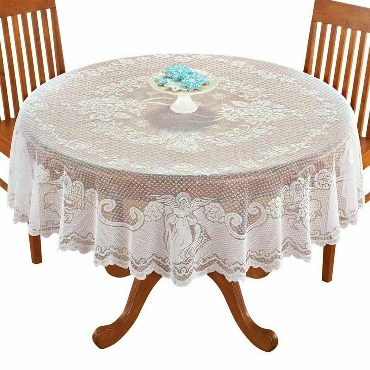 

White Lace Tablecloth with Angel Design Perfect for Weddings Parties and Special Occasions Adds a Classic Touch