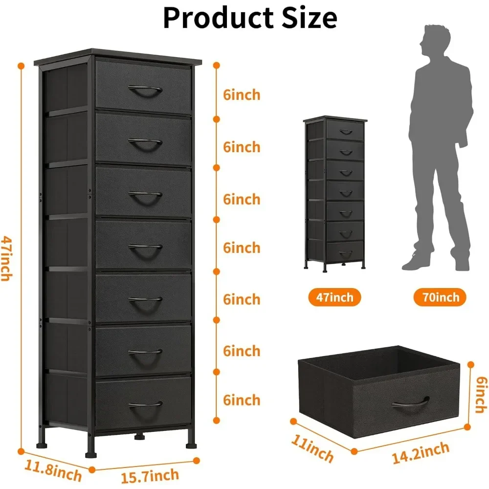 Black Tall Dresser for Bedroom, Storage Dresser Organizer with 7 Fabric Drawers, Nightstand Furniture in Closet 4