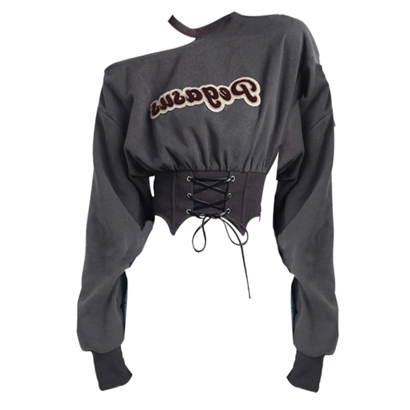 

ZAWAHIKI Spring Autumn Loose Off Shoulder Slim Waist Crop Top Women Chic Designed Long Sleeve Y2K Halter Letter Sweatshirts