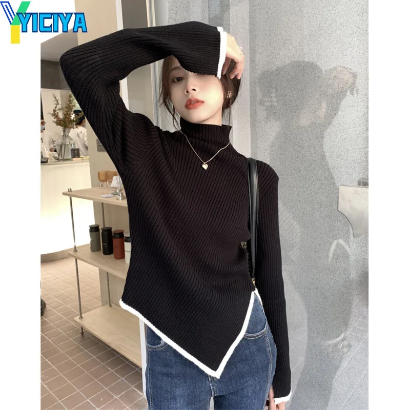 

Женский Асимметричный свитер YICIYA, однотонный вязаный пуловер с высоким воротником в стиле пэчворк, Повседневный свитер для женщин Y2k