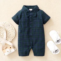 Newborn Baby Boy Jumpsuit Short Sleeves Plaid Gentleman Romper with Bow Tie Summer Fashion One Piece for Toddler 0-18Months 1