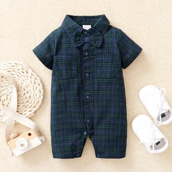 Newborn Baby Boy Jumpsuit Short Sleeves Plaid Gentleman Romper with Bow Tie Summer Fashion One Piece for Toddler 0-18Months 1