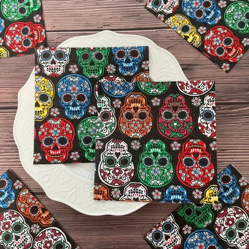 20pcs 25*25cm Thickened 3-ply Halloween Skull Printed Paper Napkins Colorful Printed Napkins for Party Decoration