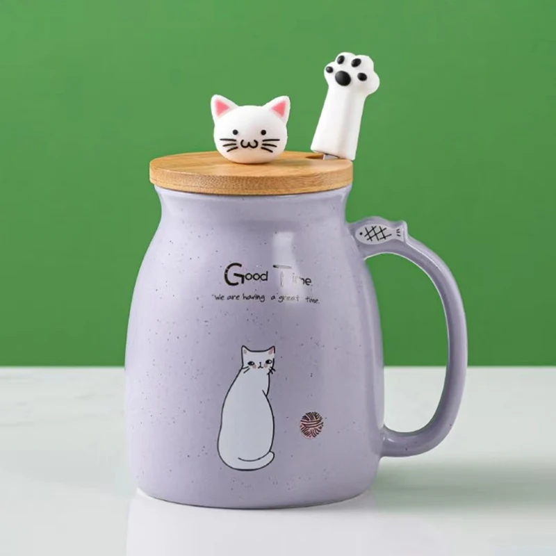 Creative color cat heat-resistant Mug cartoon with lid 450ml cup kitten coffee ceramic mugs children cup office Drinkware gift