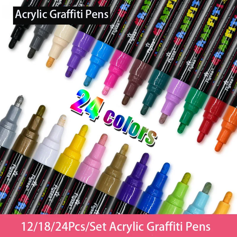 12/18/24Pcs/Set Acrylic Graffiti Pens for Fabric, Canvas, Rock, Glass, Wood, Medium Tip, Ideal Art Supplies for Adults and Kids