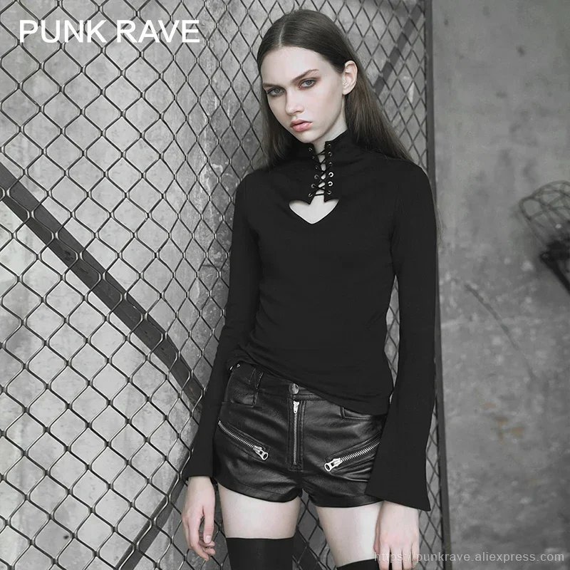 

PUNK RAVE Women's Gothic Heart Hollowing Out Tie-up Rope Eyelet Tight Black Tops Tees Sexy Personality Flare Sleeve T-shirt