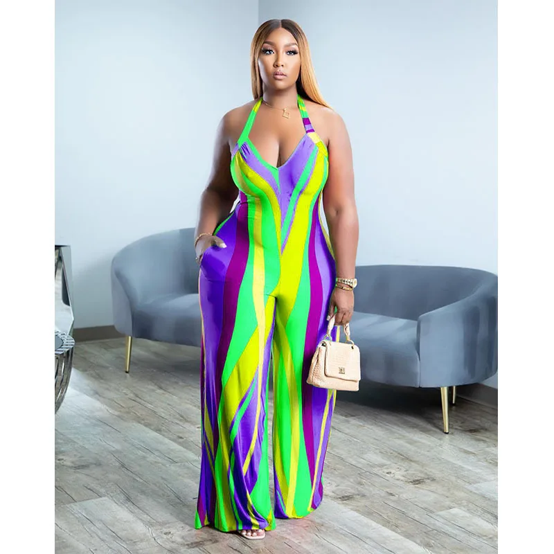 Colorful Print Halter Lace Up Backless Jumpsuit Sexy Slim Elegant Wide Leg Sleeveless Rompers Summer Overalls Clothing
