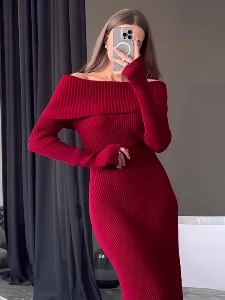 Fashion Knit Long Dress Off-Shoulder Female Ribbed Loose High Waist Elegant Autumn Party Dress Ladies Knitwear Maxi Dress