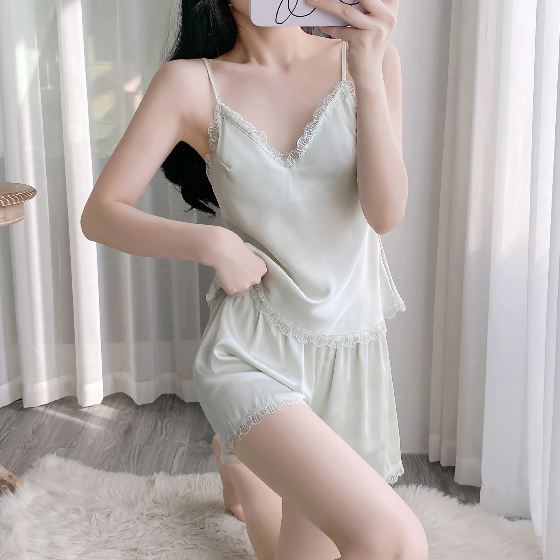 Summer Pyjamas Suit Women Sleepwear Lace Trim Pajamas Set Sexy Strap Top&Shorts PJS Lingerie Satin Homewear