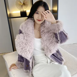 2023 Autumn And Winter New Lamb Hair Collar Rex Rabbit Hair Grass Integrated Short Fashion Double breasted Real Leather Top Coat