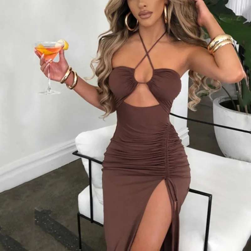 

Hot Summer Sexy Halter Backless Sleeveless Cut Out Maxi Dress for Women Elegant Club Party Slit Dresses Vestido Female Clothes