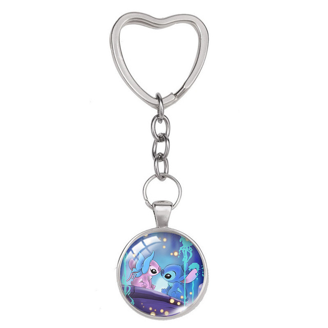 Lilo & Stitch Anime Figure Alloy Glass Heart-shaped Key Ring Key Chain Bag Accessories Children's Toys Birthday Gifts