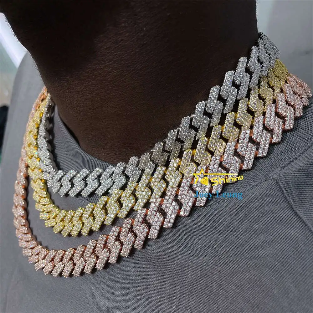 

Fine Jewelry Hip Hop Gold Plated 925 Silver 2 Rows Vvs Moissanite Diamond Iced Out Miami Cuban Link Chain Necklace for Men