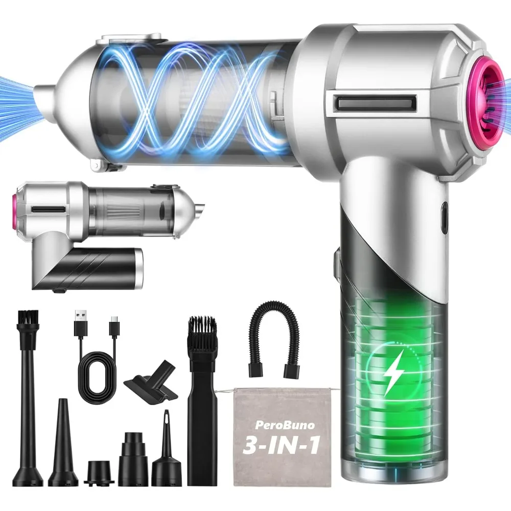 PeroBuno Car Vacuum Portable Cordless, 18000PA Suction, 3-in-1 Foldable Handheld Vacuum & Air Duster with Brushless Motor, 40min