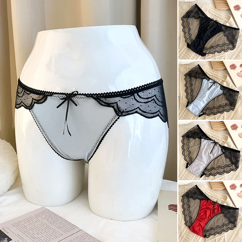 

Sheer Tulle Satin Splicing Low Waist Soft Briefs Sexy See Through Mesh Women Underwear Breathable Traceless Black Lace Panties