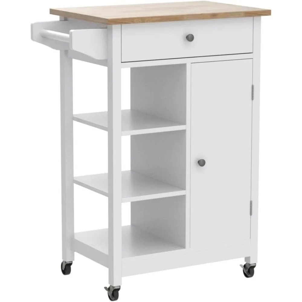 Kitchen Island on Wheels with Single Door and One Drawer Solid Wood Top Storage Cabinet 2 Open Shelves White Kitchen Trolley