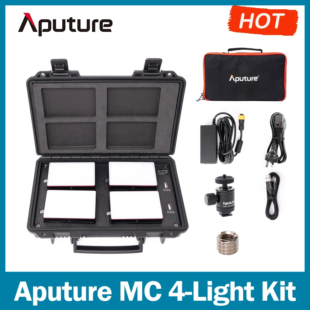 

Aputure MC 4-светильник Набор для путешествий, RGB на светодиодной камере, 3200-5600K, Режимы освещения HSI/CCT/FX и Беспроводная зарядка