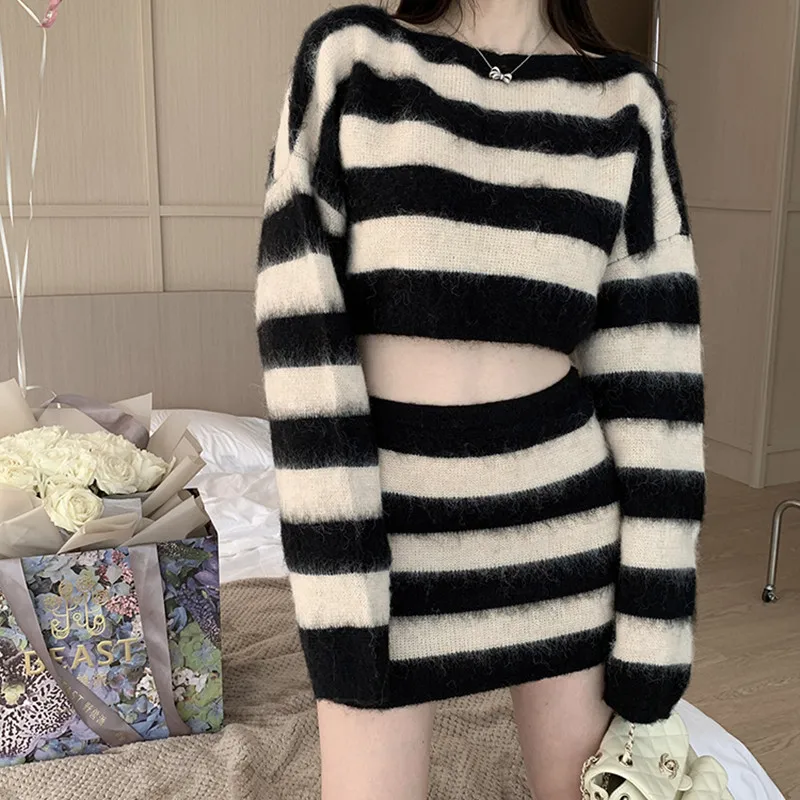 Autumn Striped Two-piece Skirt Set Women Long Sleeve Cropped Off Shoulder Top Bodycon Mini Skirt Korean Fashion Suits New