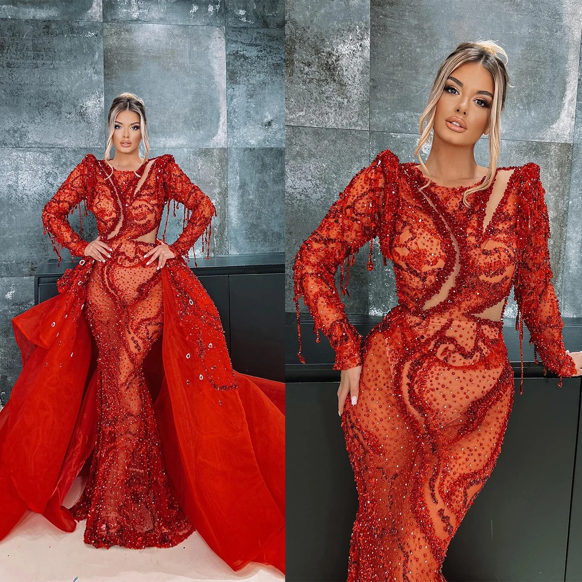 

Red Mermaid Evening Dresses With Detachable Train Beading Lace Long Sleeve Prom Gowns Red Carpet Show Special Occasion Dress
