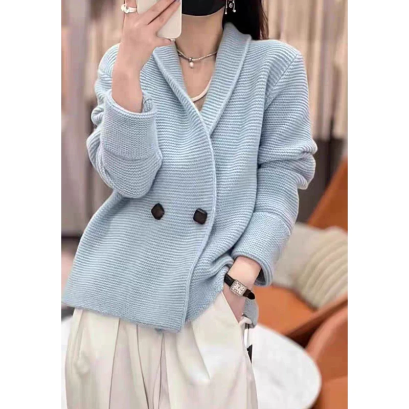New Autumn and Winter Button Women's Knitted Sweater Elegant Office Women's Solid Color Cardigan Double-breasted Jacket