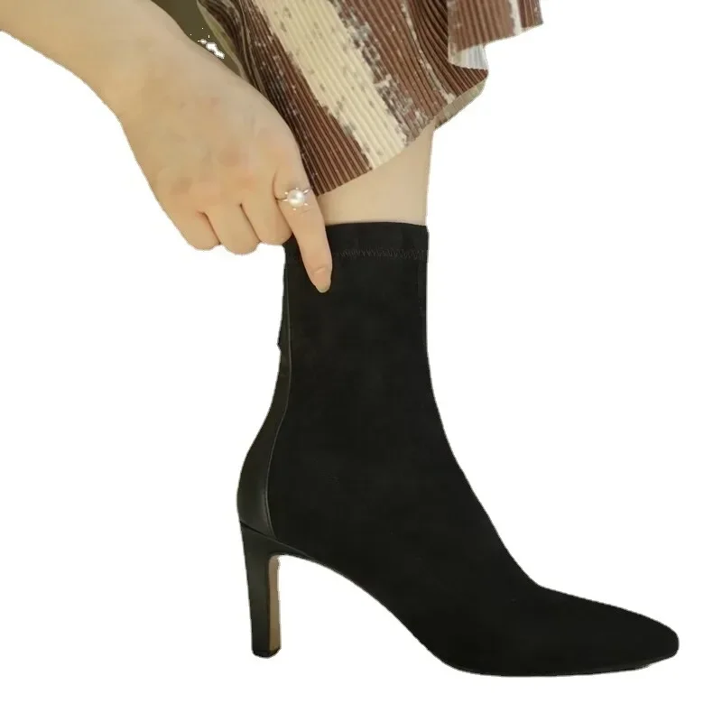 Shoes Female 2023 Fashion Ankle Women's Boots Elegant Modern Boots Women Sewing Zipper Pointed Toe Thin Heel Flock Shoes Women