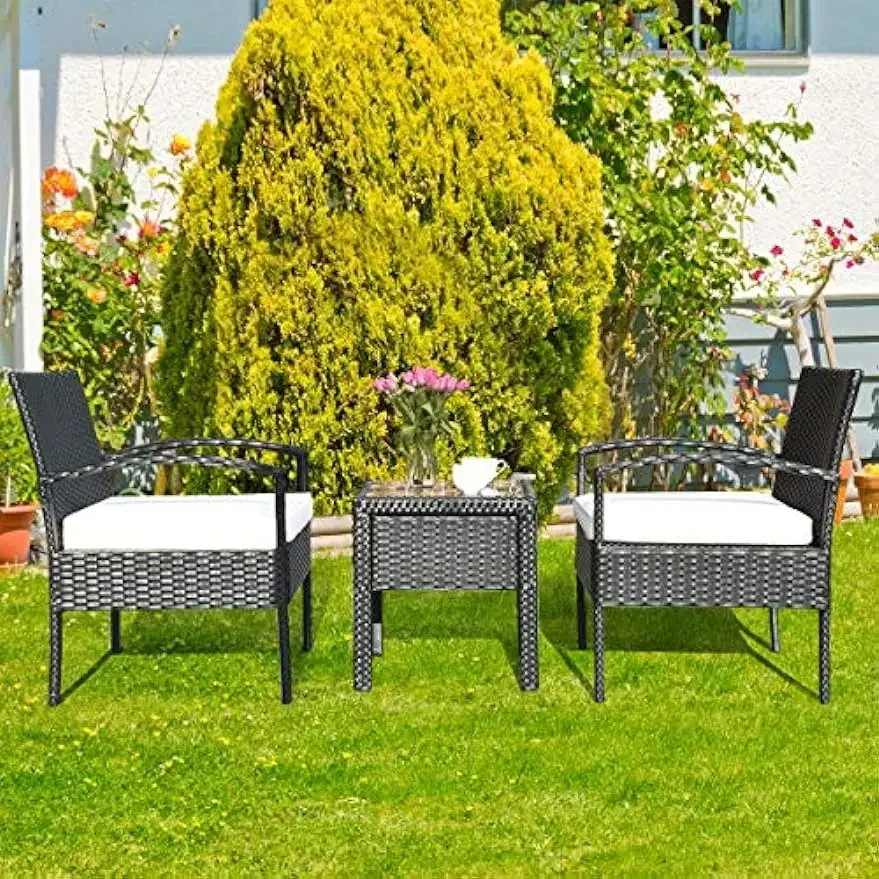 

3 Piece Patio Furniture Set with 2 Cushioned Chairs & End Table, Black