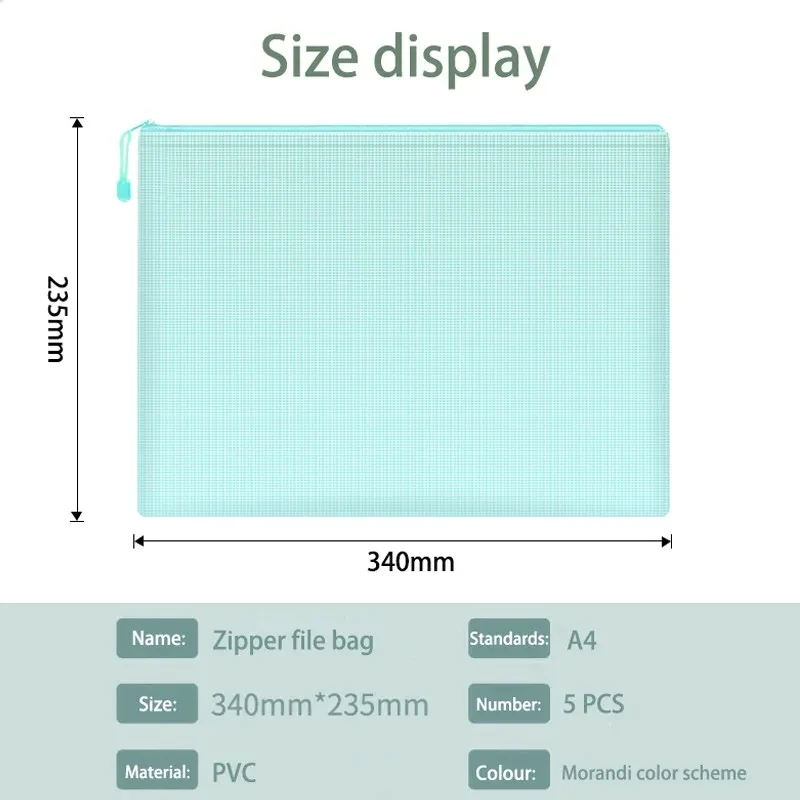 File folder File storage bag Document organizer 5pcs Mesh Zipper Pouch Document Bag Waterproof Zip File Folders A4 for School Office Supplies