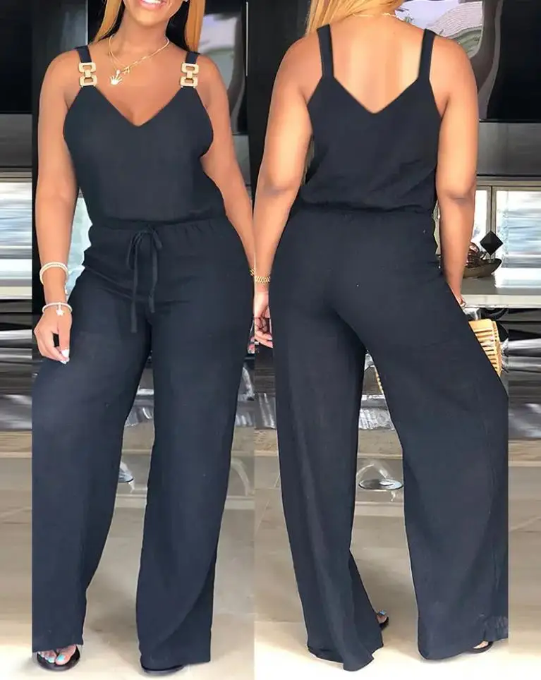 Casual Jumpsuits For Women 2022 Elegant Chic Plain Chain Strap V-Neck Sleeveless Drawstring Black Loose Jumpsuit Woman Clothes