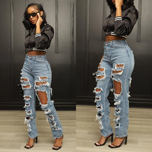 Sexy Ripped Jeans Woman Baggy Women Pants Holes Destroyed Broken Vintage Female Trousers Distressed Designer Jeans - Jeans - AliExpress