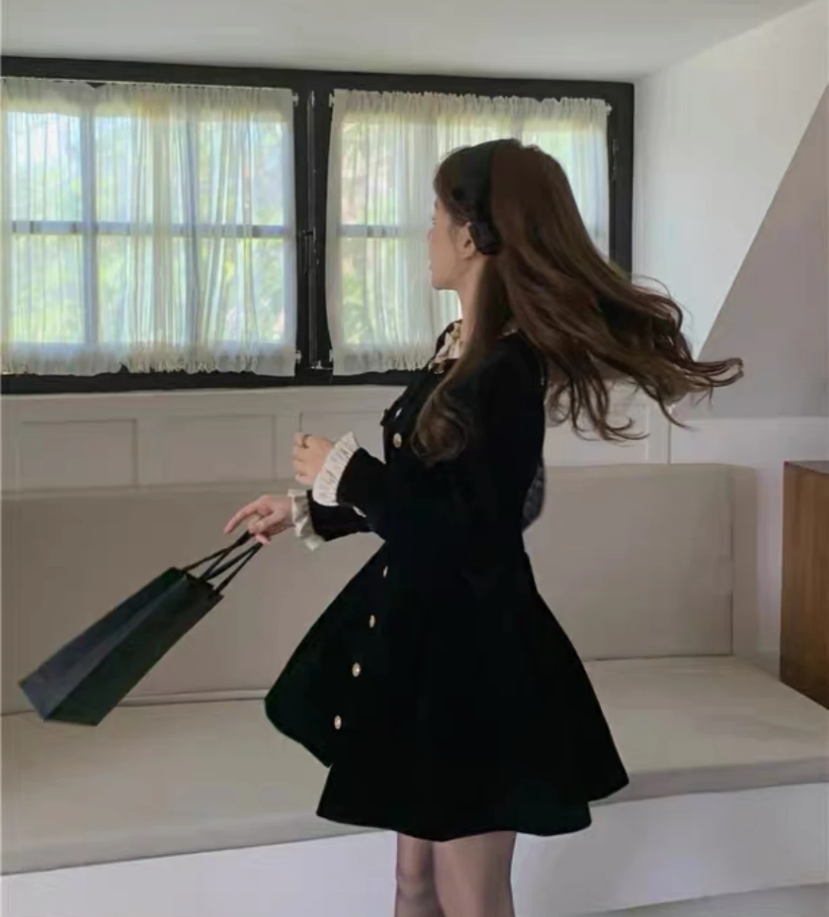 Vestidos de terciopelo negro de otoño para mujer, vestido de fiesta de noche de una sola botonadura de manga larga, moda coreana, vestido de línea A para mujer, nuevo