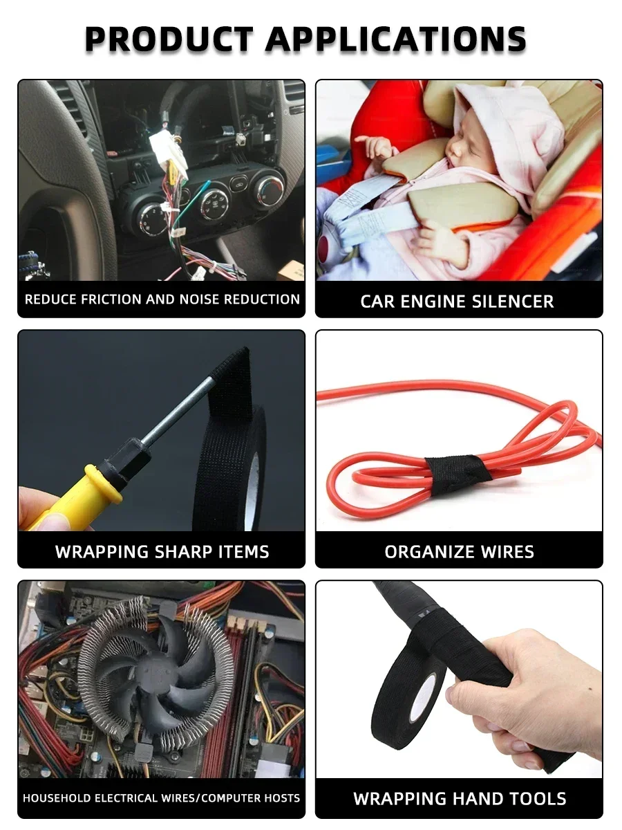 자동차 케이블 테이프 하네스 와이어링 직조 전기 열 테이프용 내열성 접착 천 원단 테이프, 롤 당 15m, 9-50mm