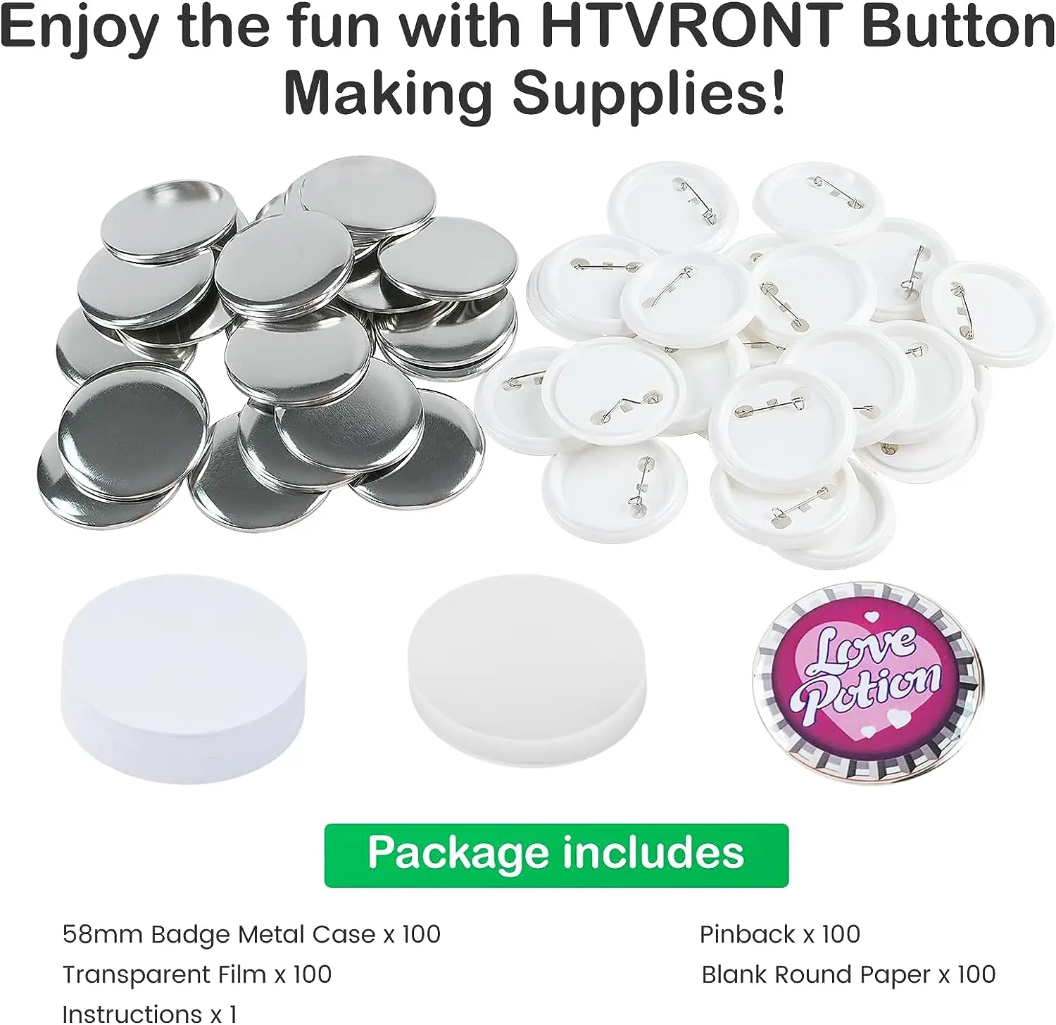 HTVRONT 100 Pcs 58mm Button Making Supplies Kit